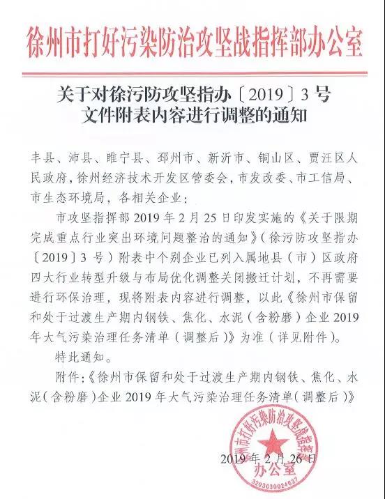 《徐州處于保留和過(guò)渡期內(nèi)鋼鐵、水泥、焦化企業(yè)2019年大氣污染治理任務(wù)清單》